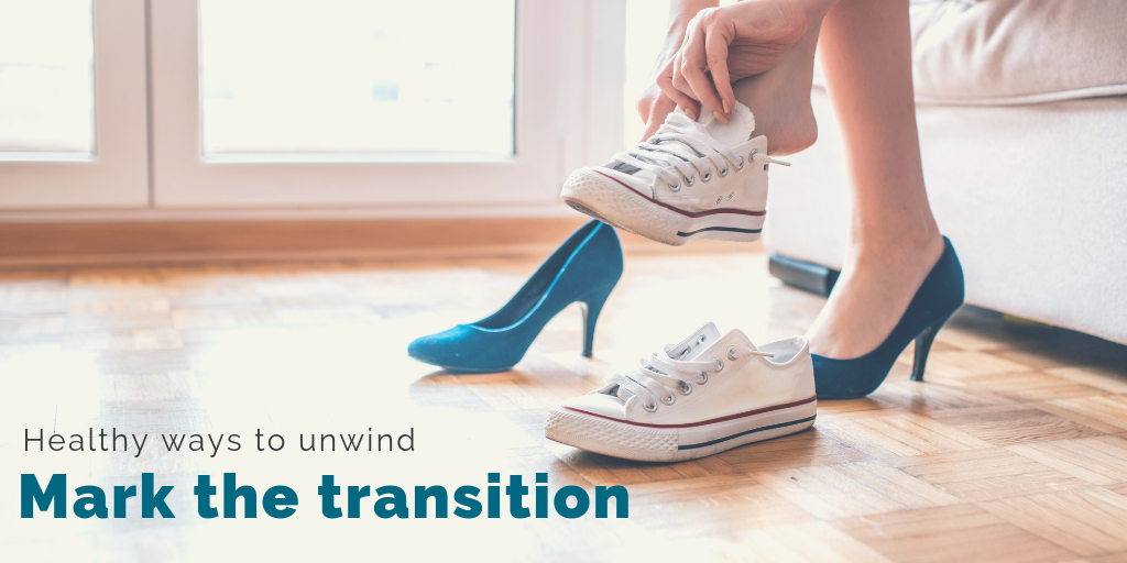 "Healthy ways to unwind: Mark the transition". A woman changes from office heels to sneakers.
